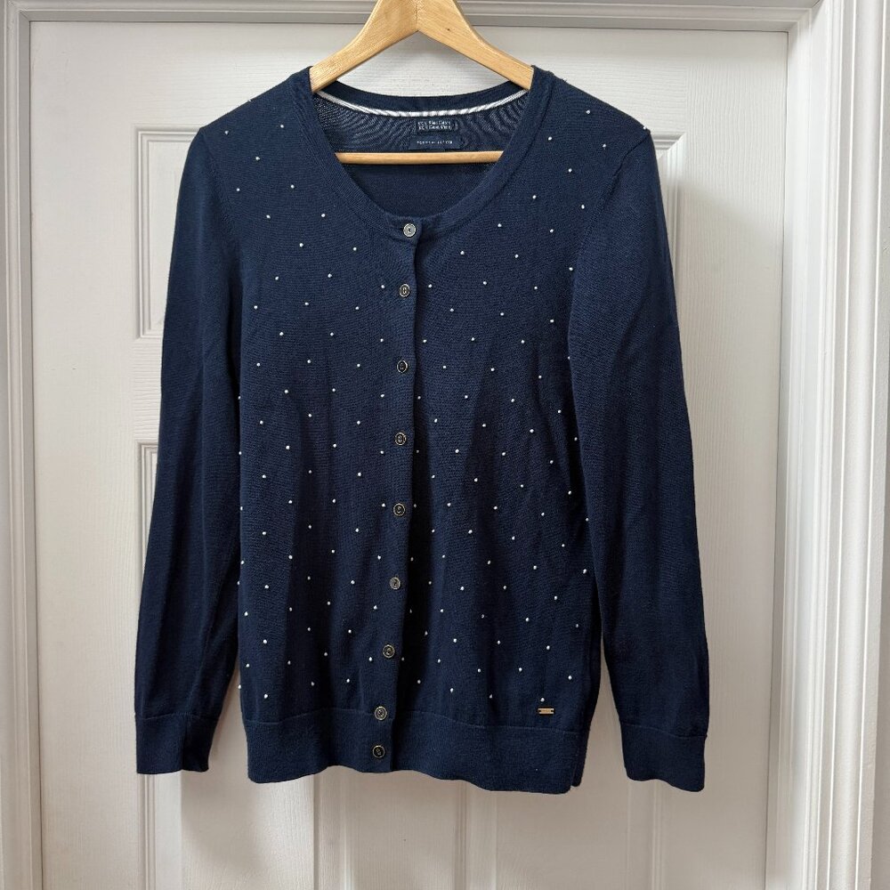 Tommy Hilfiger 100% Pima Cotton navy blue embroidered white dots cardigan size L